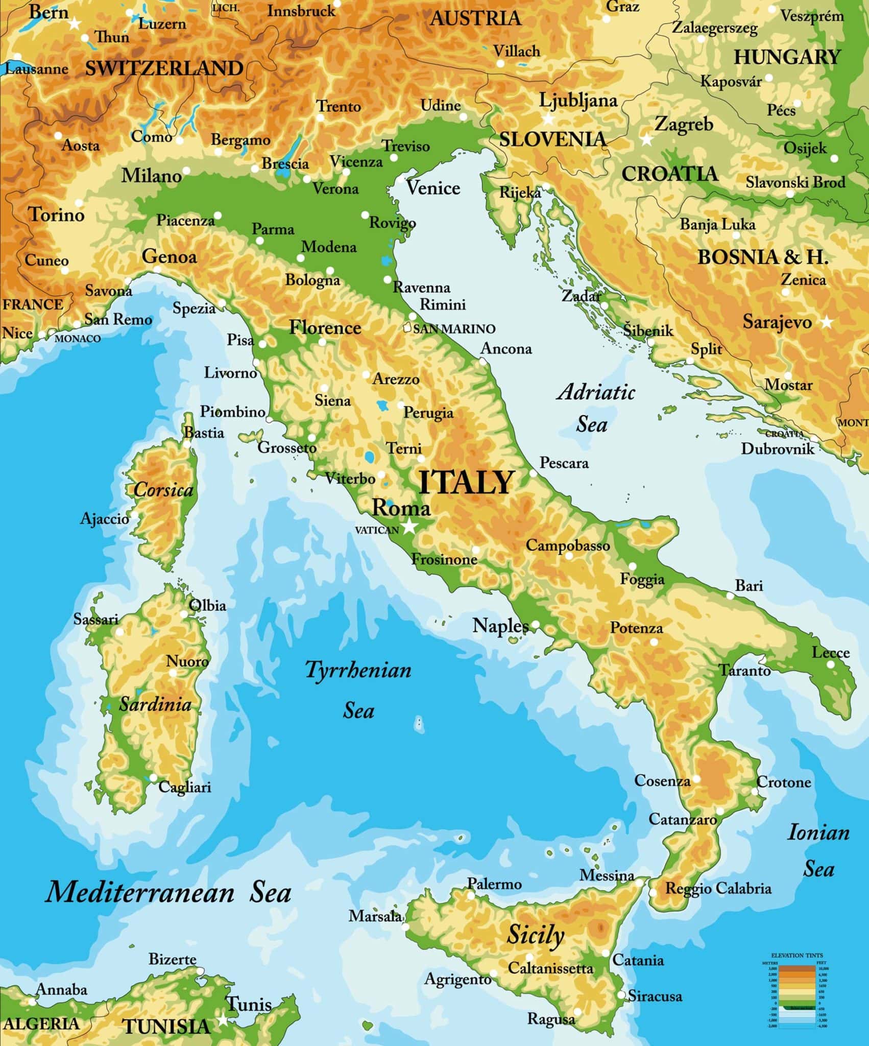 Полуостров на котором расположена италия называется. Карта Италии географическая крупная. Рельеф Апеннинского полуострова. Карта Италии физическая рельеф. Горы Италии на карте.